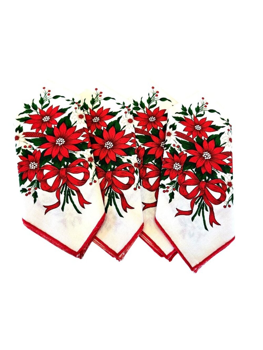 Set Of 4 Vintage Christmas Poinsettia Red White Square Dining Napkins